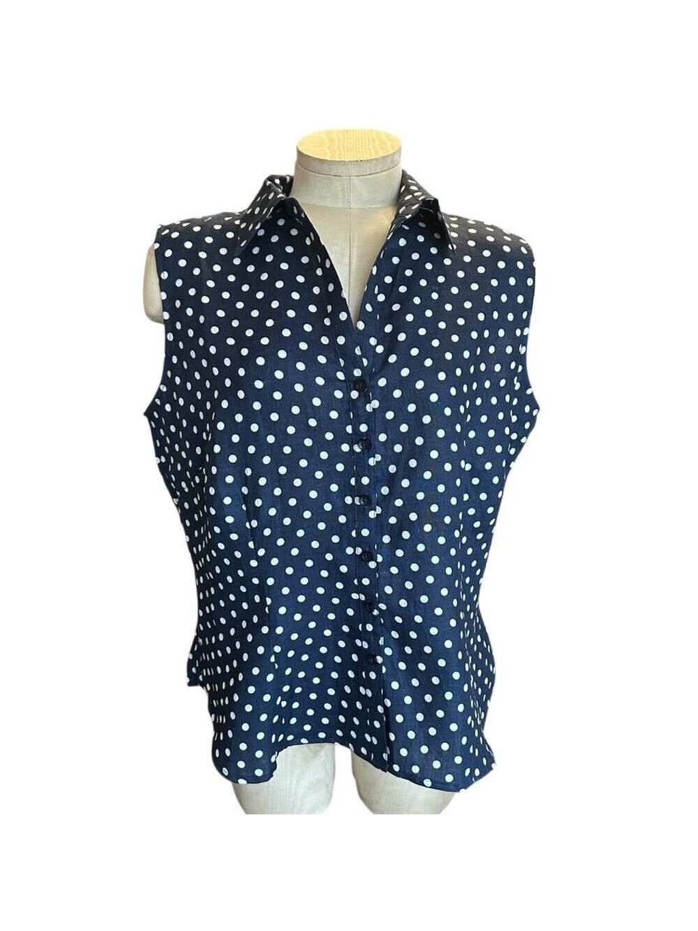 Autograph New York Women’s Navy Blue Sleeveless Button Down Polka Dot Crinkle M